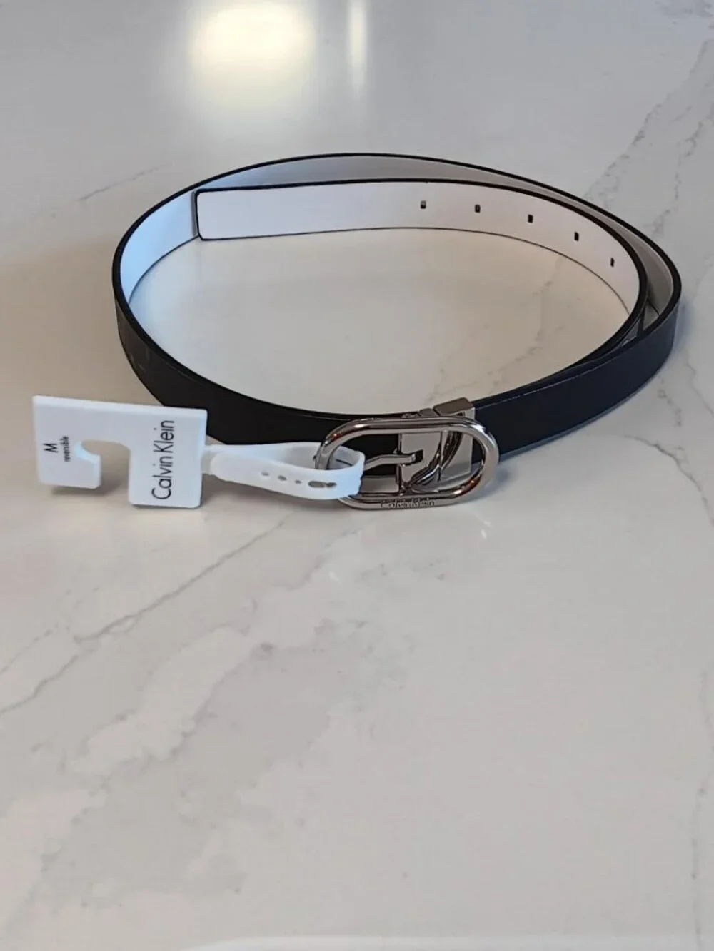CALVIN KLEIN Womens Belt Reversible Black White Silver Buckle Size M NEW